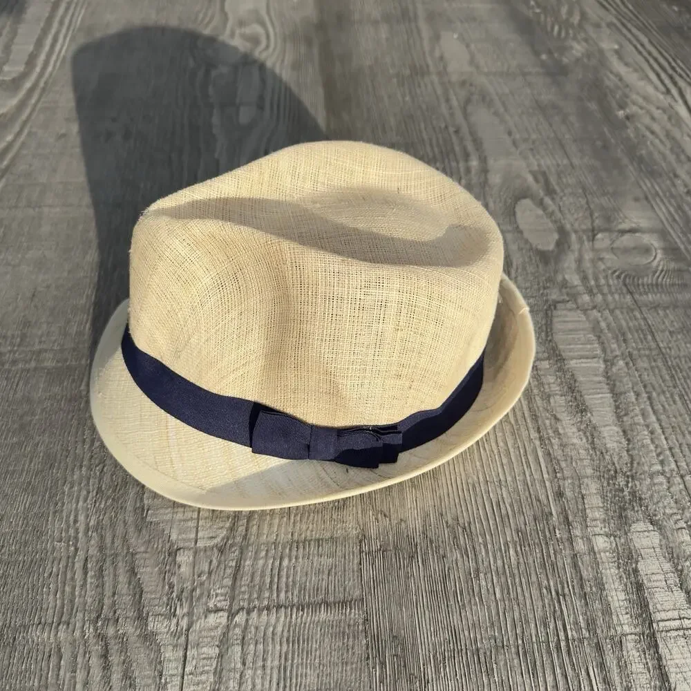 Ralph Lauren Women's Straw Fedora Hat Medium Ivory w/ Navy Grosgrain Band